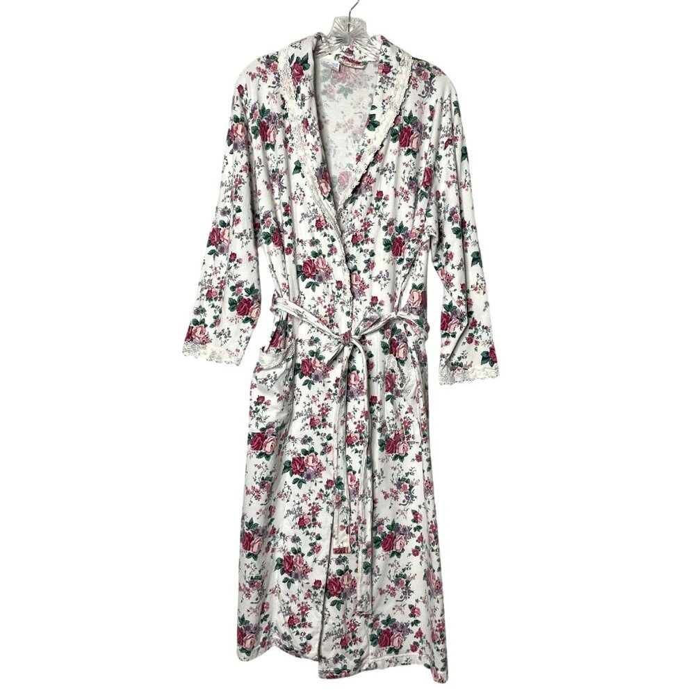 Victorias Secret Vtg 80s Floral Cotton Robe Women's M/L Lace Trim Made in Greece